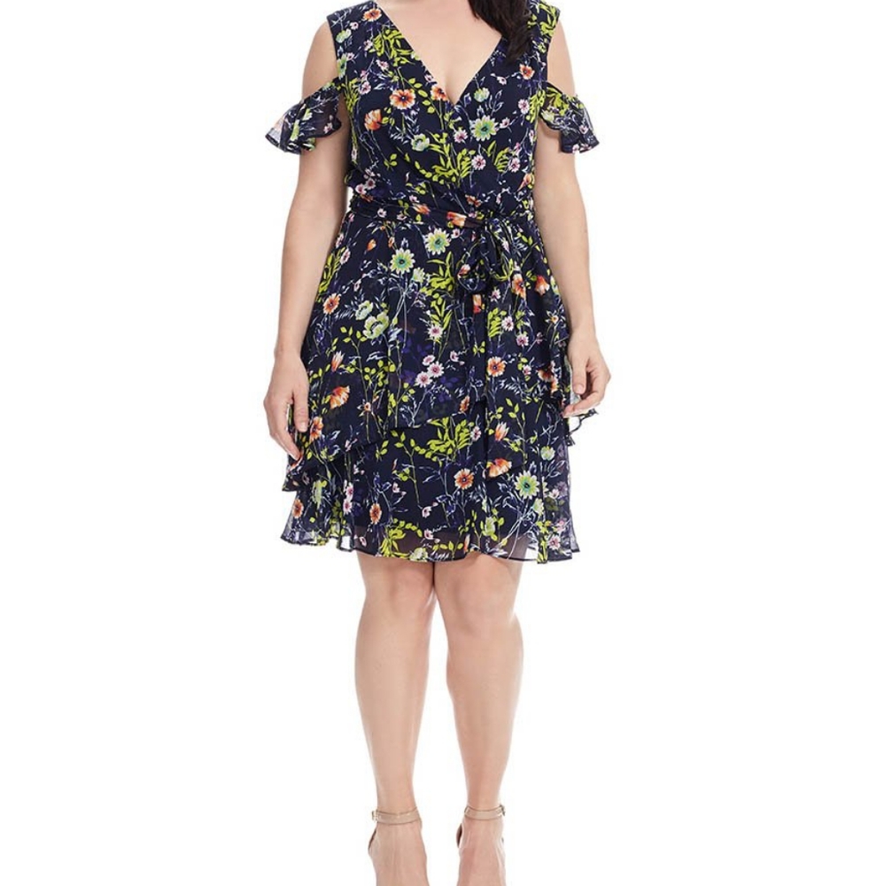 TAHARI Chiffon faux wrap dress